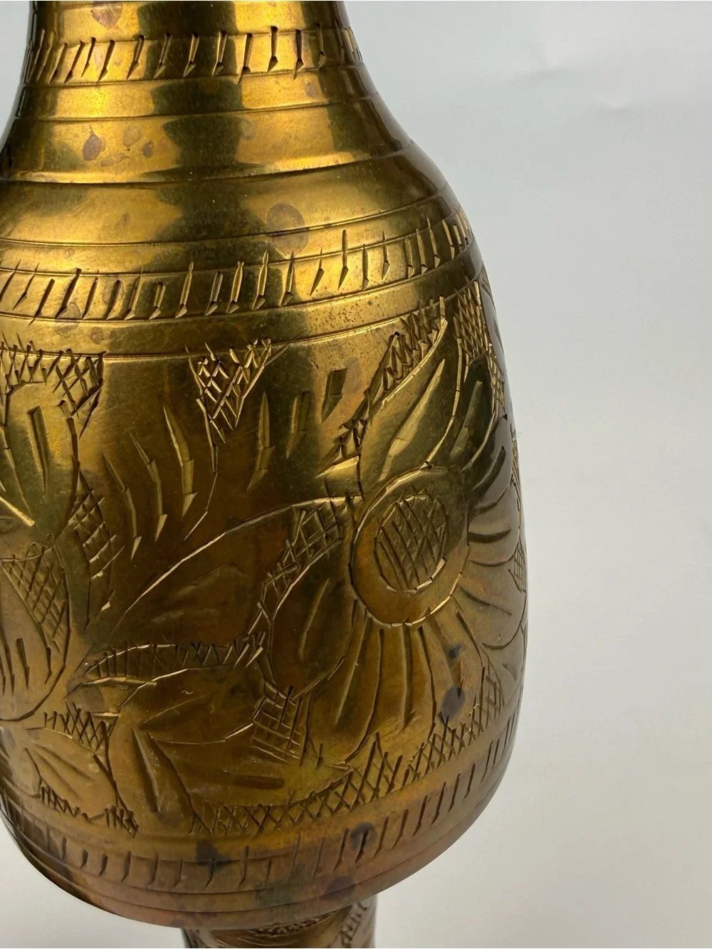 Vtg MCM Solid Brass India Bud Vases Etched Floral Engraved Design 10 Inches